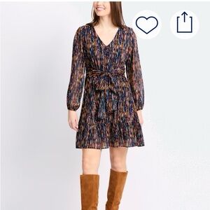 Gilli Multicolor Brushstroke V-Neck Long Sleeve Tie-Waist Dress